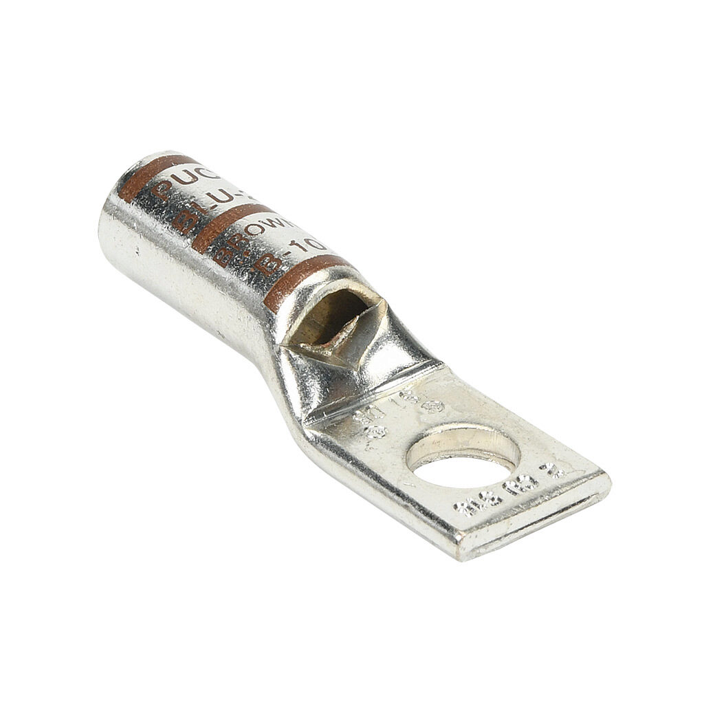 BLU-2S1-1 - Penn-Union BLU series compression lug, standard barrel, tin-plated copper, 35 kV, 5/16in mounting bolt, 1-hole, 2 AWG, brown markings.