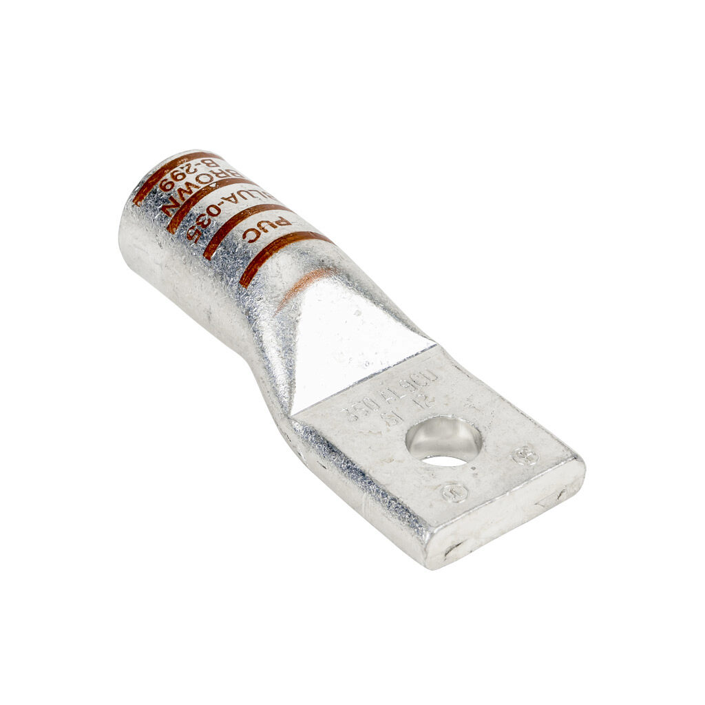 BLUA-035S1-1 - Penn-Union BLUA series compression lug, standard barrel, tin-plated aluminum, 35 kV, 1/2in mounting bolt, 1-hole, 350 MCM, brown markings, AL9CU.