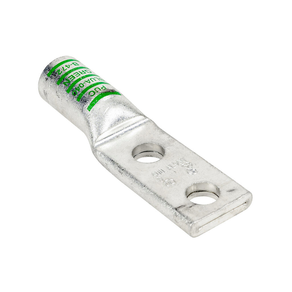 BLUA-040D-1 - Penn-Union BLUA series compression lug, standard barrel, tin-plated aluminum, 35 kV, 5/8in mounting bolt, 2-hole, 0.675in hole spacing, 400 MCM, green markings, AL9CU.