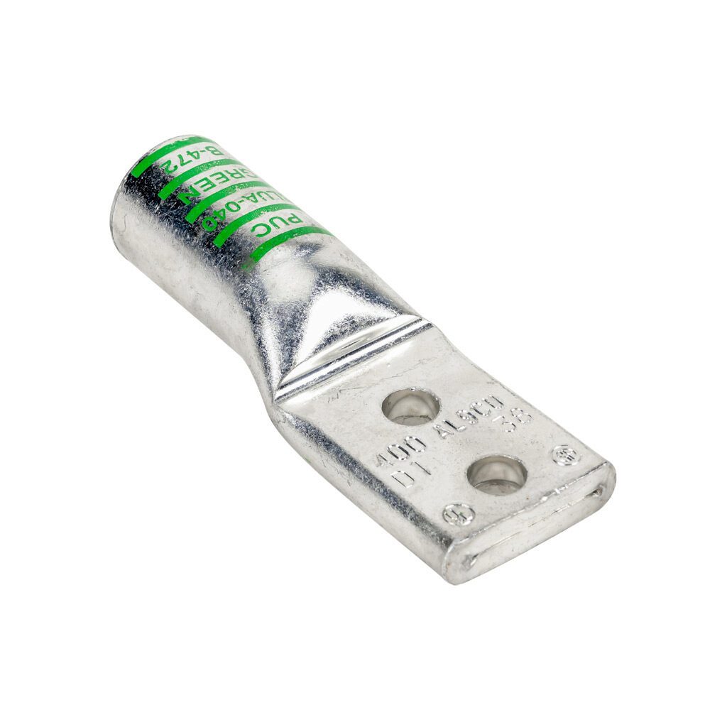 BLUA-040D1-1 - Penn-Union BLUA series compression lug, standard barrel, tin-plated aluminum, 35 kV, 3/8in mounting bolt, 2-hole, 0.375in hole spacing, 400 MCM, green markings, AL9CU.