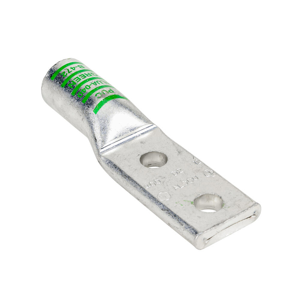 BLUA-040D2-1 - Penn-Union BLUA series compression lug, standard barrel, tin-plated aluminum, 35 kV, 1/2in mounting bolt, 2-hole, 0.5in hole spacing, 400 MCM, green markings, AL9CU.
