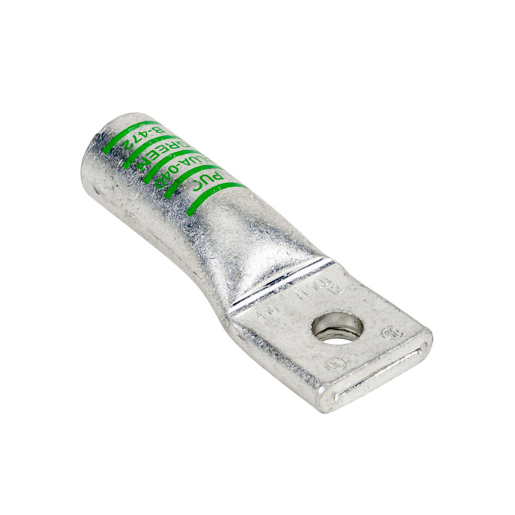 BLUA-040S2-1 - Penn-Union BLUA series compression lug, standard barrel, tin-plated aluminum, 35 kV, 1/2in mounting bolt, 1-hole, 400 MCM, green markings, AL9CU.