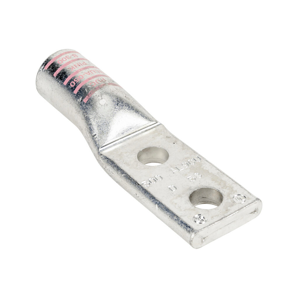 BLUA-050D-1 - Penn-Union BLUA series compression lug, standard barrel, tin-plated aluminum, 35 kV, 5/8in mounting bolt, 2-hole, 0.675in hole spacing, 500 MCM, pink markings, AL9CU.