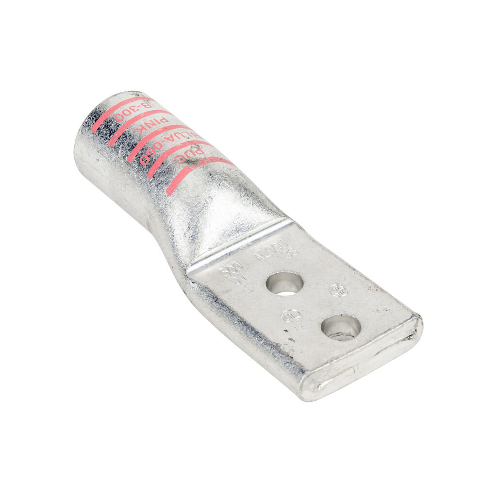BLUA-050D1-1 - Penn-Union BLUA series compression lug, standard barrel, tin-plated aluminum, 35 kV, 3/8in mounting bolt, 2-hole, 0.375in hole spacing, 500 MCM, pink markings, AL9CU.