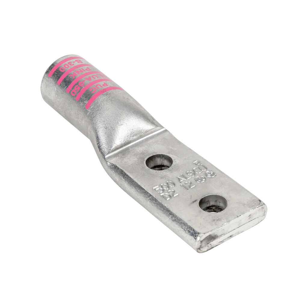 BLUA-050D2-1 - Penn-Union BLUA series compression lug, standard barrel, tin-plated aluminum, 35 kV, 1/2in mounting bolt, 2-hole, 0.5in hole spacing, 500 MCM, pink markings, AL9CU.