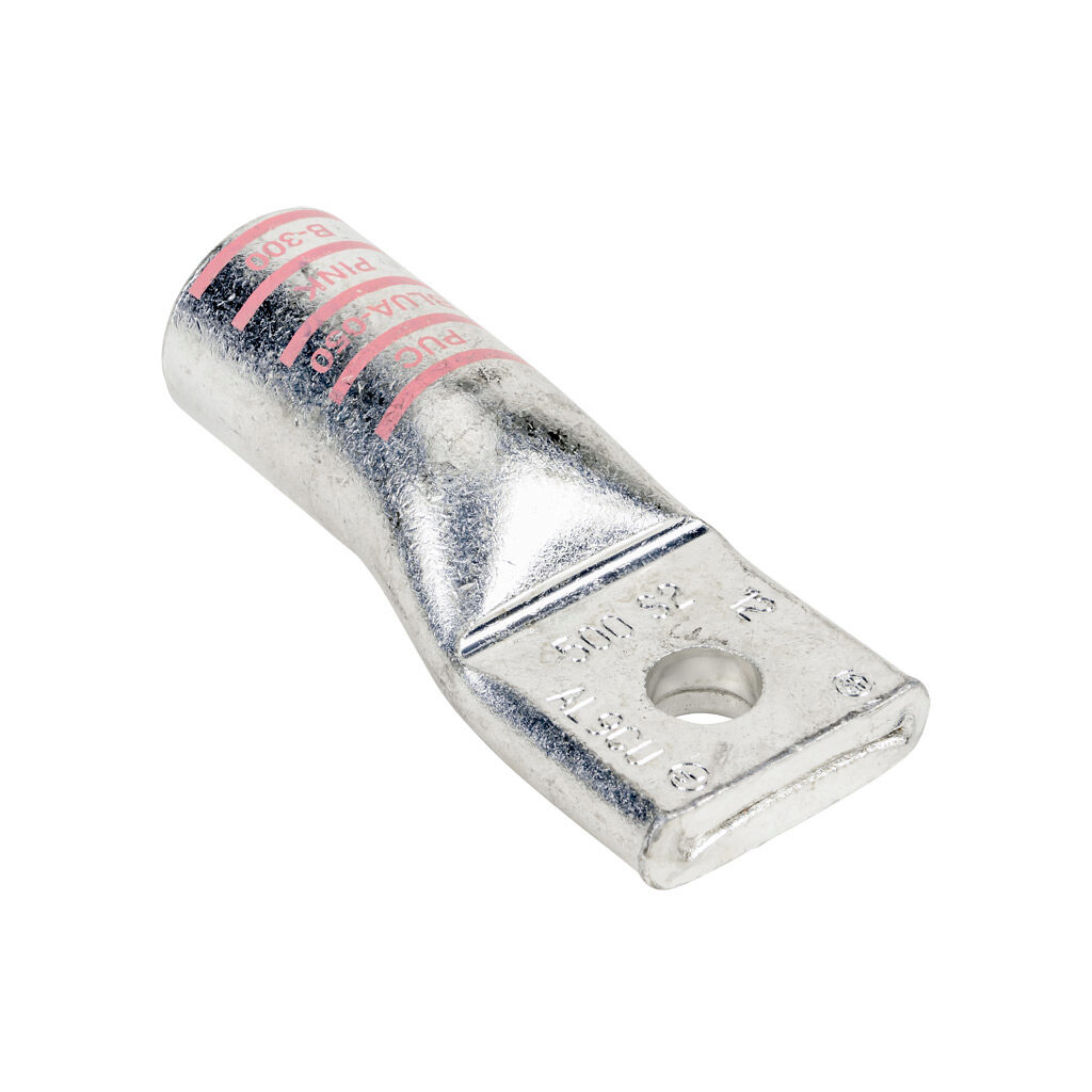 BLUA-050S2-1 - Penn-Union BLUA series compression lug, standard barrel, tin-plated aluminum, 35 kV, 1/2in mounting bolt, 1-hole, 500 MCM, pink markings, AL9CU.