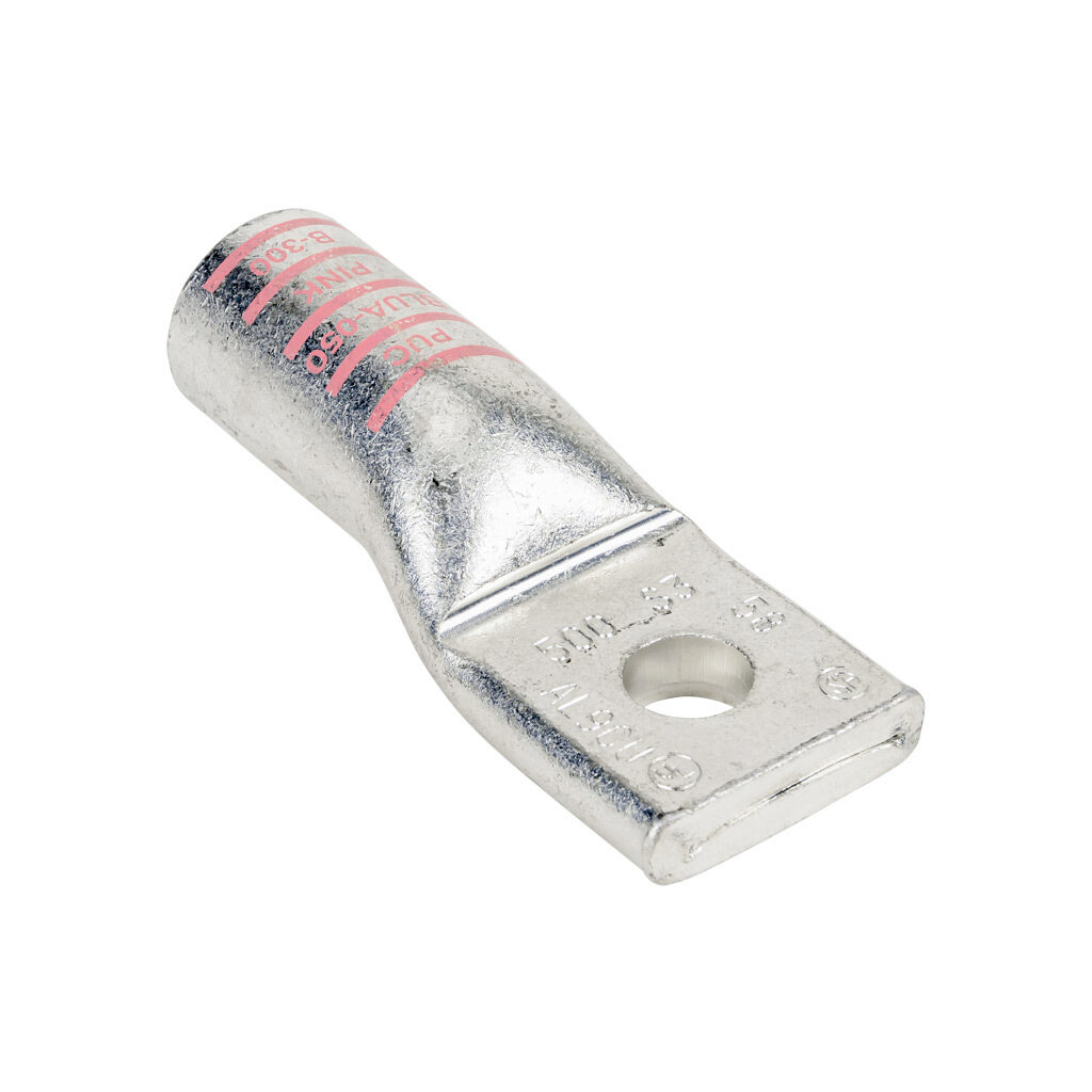 BLUA-050S3-1 - Penn-Union BLUA series compression lug, standard barrel, tin-plated aluminum, 35 kV, 5/8in mounting bolt, 1-hole, 500 MCM, pink markings, AL9CU.