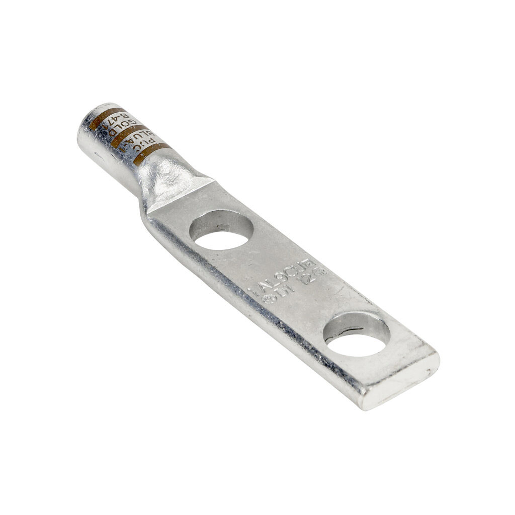 BLUA-1D1-1 - Penn-Union BLUA series compression lug, standard barrel, tin-plated aluminum, 35 kV, 1/2in mounting bolt, 2-hole, 0.5in hole spacing, 1 AWG, gold markings, AL9CU.