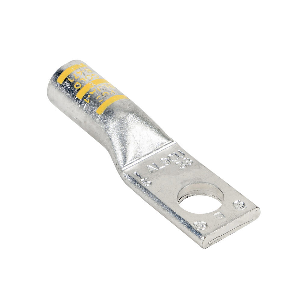 BLUA-1S-1 - Penn-Union BLUA series compression lug, standard barrel, tin-plated aluminum, 35 kV, 3/8in mounting bolt, 1-hole, 1 AWG, gold markings, AL9CU.