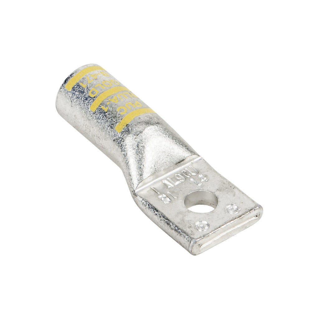 BLUA-1S1-1 - Penn-Union BLUA series compression lug, standard barrel, tin-plated aluminum, 35 kV, 1/4in mounting bolt, 1-hole, 1 AWG, gold markings, AL9CU.