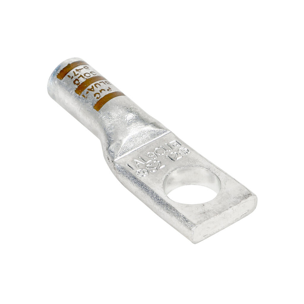 BLUA-1S2-1 - Penn-Union BLUA series compression lug, standard barrel, tin-plated aluminum, 35 kV, 1/2in mounting bolt, 1-hole, 1 AWG, gold markings, AL9CU.