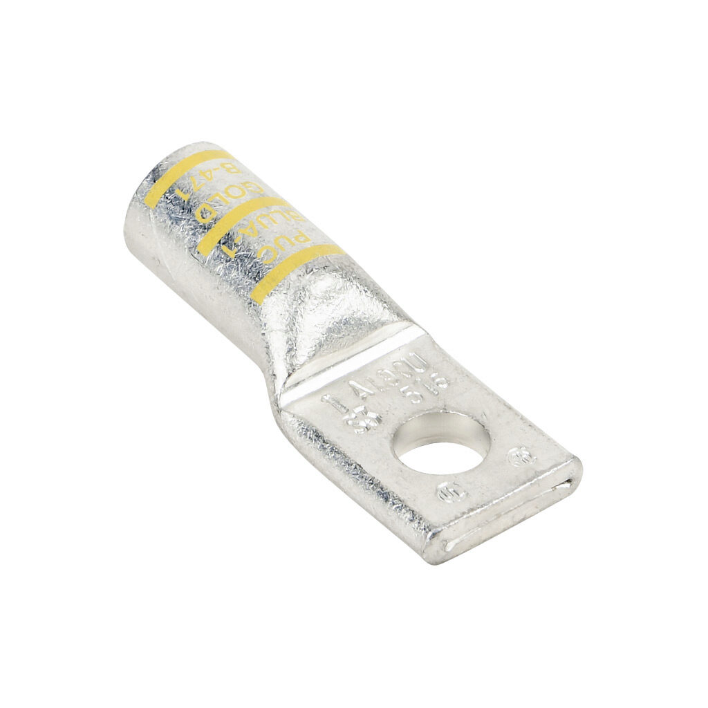BLUA-1S3-1 - Penn-Union BLUA series compression lug, standard barrel, tin-plated aluminum, 35 kV, 5/16in mounting bolt, 1-hole, 1 AWG, gold markings, AL9CU.