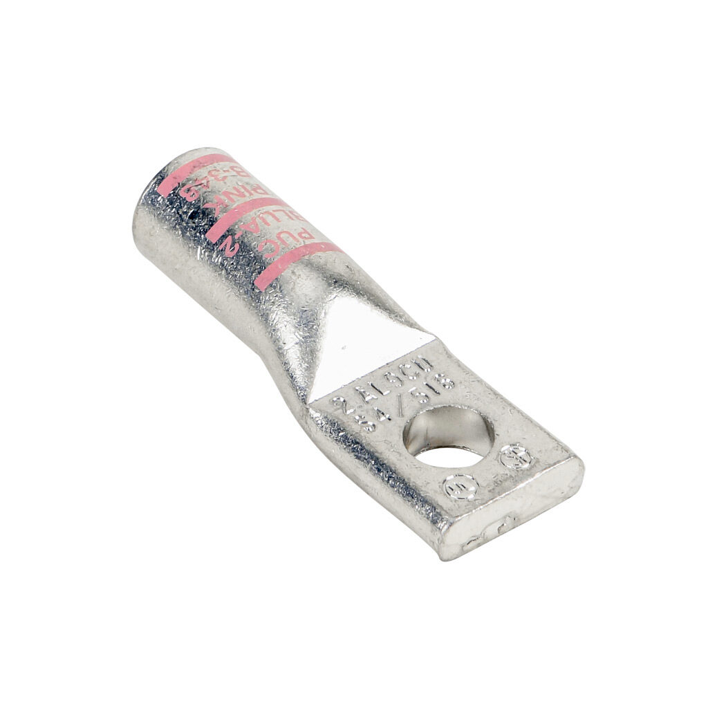 BLUA-2S4-1 - Penn-Union BLUA series compression lug, standard barrel, tin-plated aluminum, 35 kV, 5/16in mounting bolt, 1-hole, 2 AWG, pink markings, AL9CU.