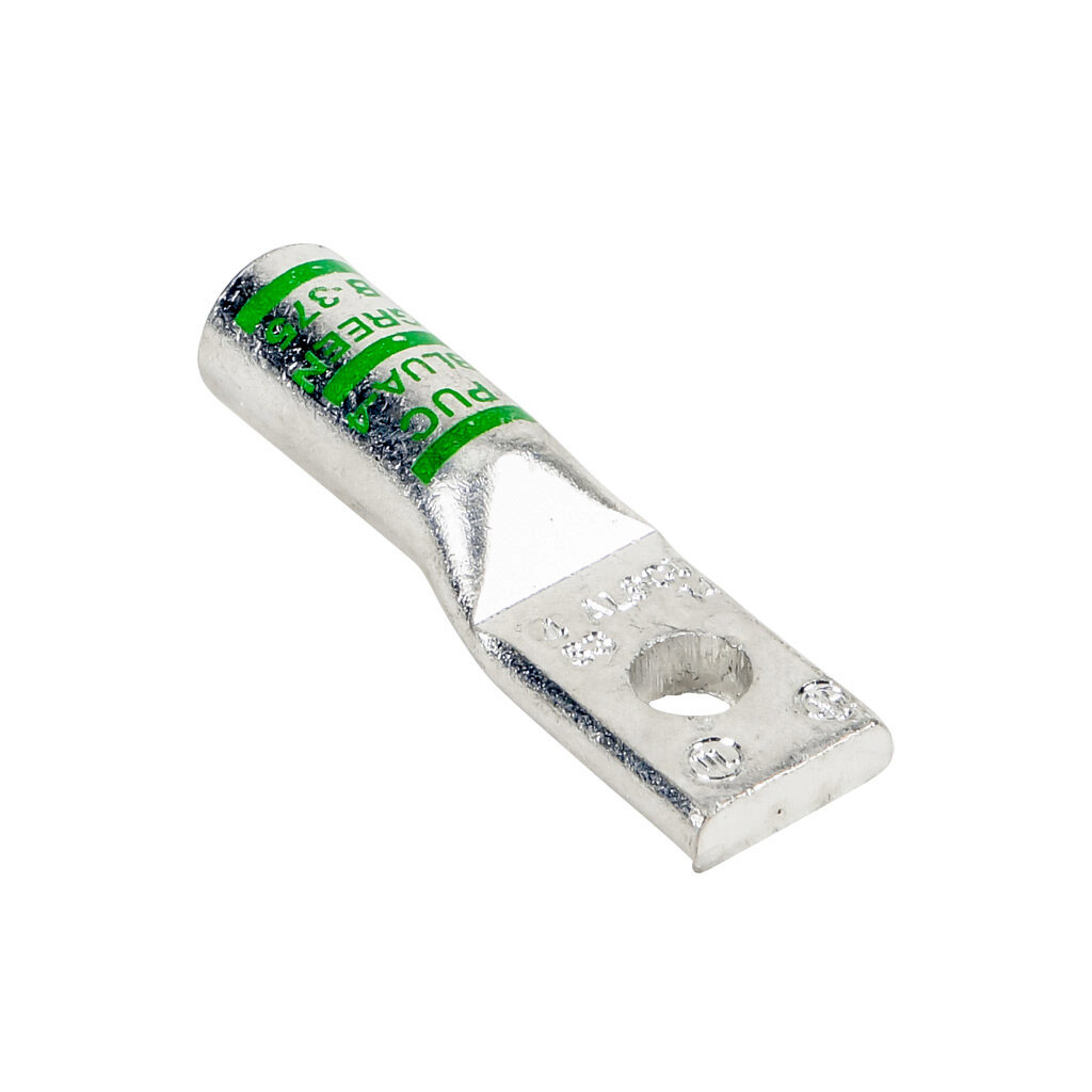 BLUA-4S3-1 - Penn-Union BLUA series compression lug, standard barrel, tin-plated aluminum, 35 kV, 1/4in mounting bolt, 1-hole, 4 AWG, green markings, AL9CU.