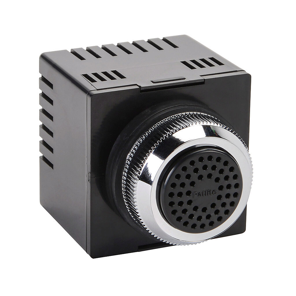 BM-212H - Patlite audible alarm buzzer, 90 dB at 1m, 3.9 kHz to 4.6 kHz tone frequency, (2) selectable tone(s), 120 VAC, 30mm, panel mount, ABS plastic housing, black, IP30.