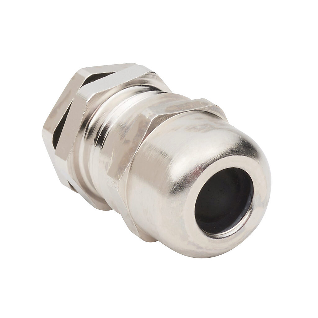BMBCX-E1 - Bimed cable gland, M16 x 1.5mm thread type, nickel-plated brass, accepts 5 to 10mm diameter cable, IP68. Package of 5. Mounting hardware included.