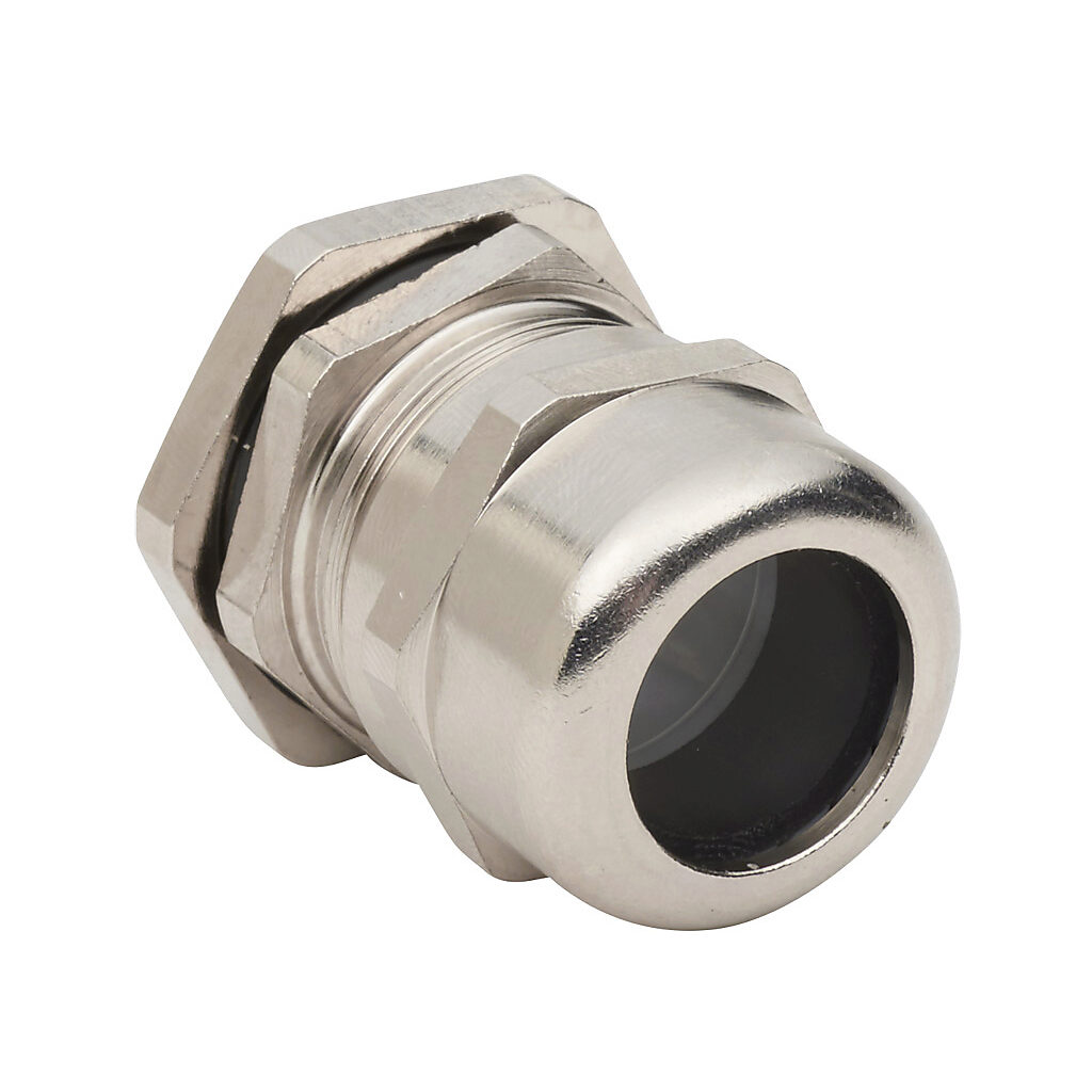 BMBCX-E3 - Bimed cable gland, M25 x 1.5mm thread type, nickel-plated brass, accepts 11 to 17mm diameter cable, IP68. Package of 5. Mounting hardware included.