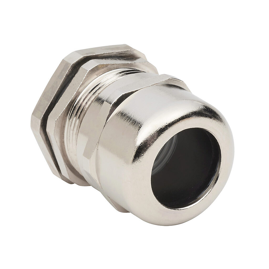 BMBCX-E4 - Bimed cable gland, M32 x 1.5mm thread type, nickel-plated brass, accepts 15 to 21mm diameter cable, IP68. Package of 5. Mounting hardware included.