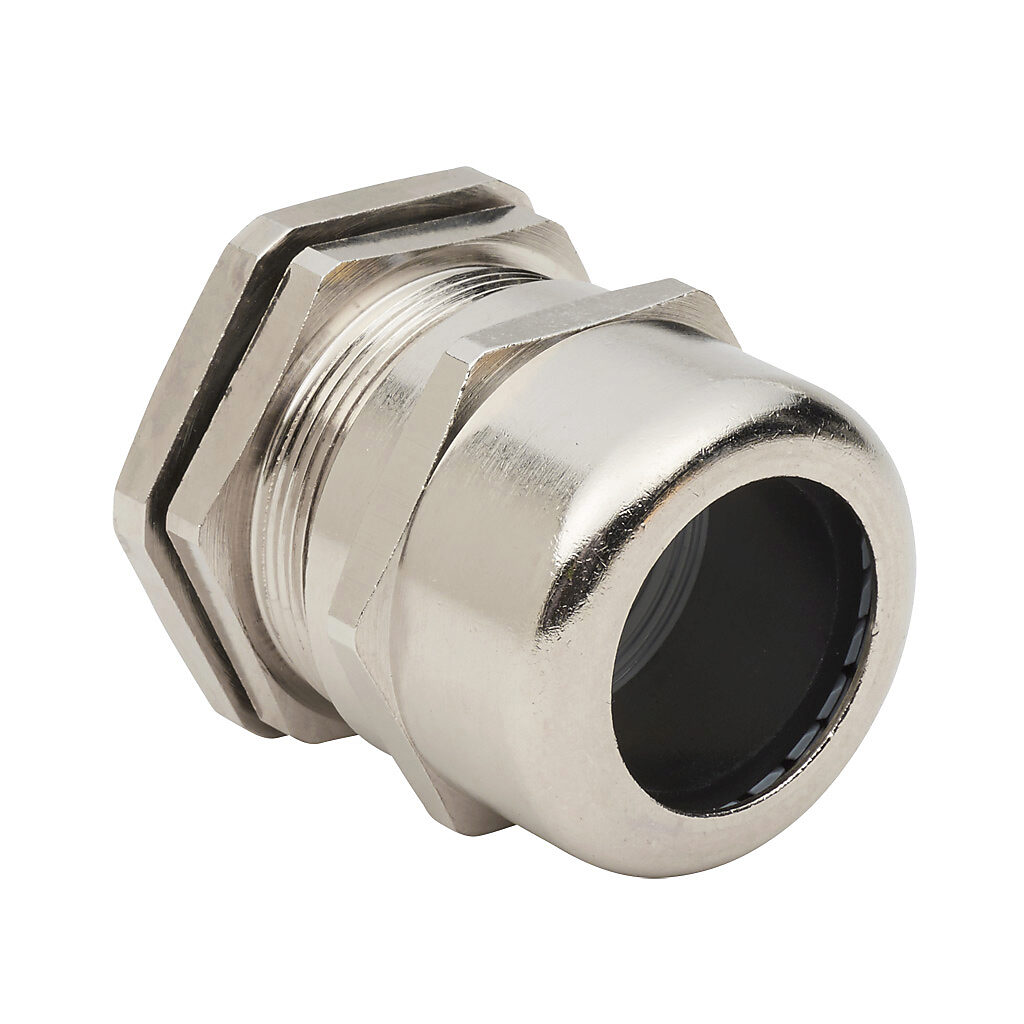 BMBCX-E5 - Bimed cable gland, M40 x 1.5mm thread type, nickel-plated brass, accepts 19 to 28mm diameter cable, IP68. Package of 2. Mounting hardware included.