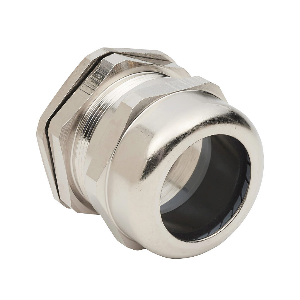 BMBCX-E6 - Bimed cable gland, M50 x 1.5mm thread type, nickel-plated brass, accepts 27 to 38mm diameter cable, IP68. Package of 2. Mounting hardware included.