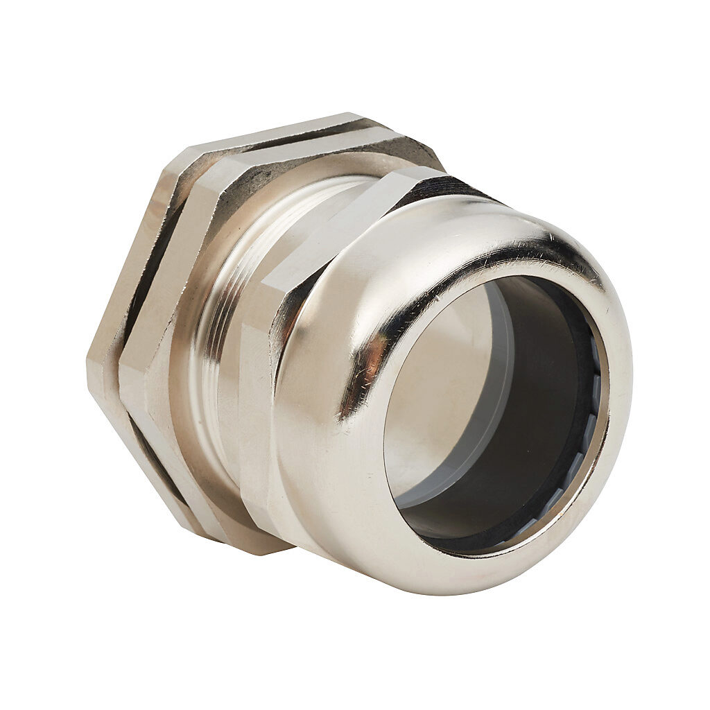 BMBCX-E7 - Bimed cable gland, M63 x 1.5mm thread type, nickel-plated brass, accepts 34 to 44mm diameter cable, IP68. Package of 2. Mounting hardware included.