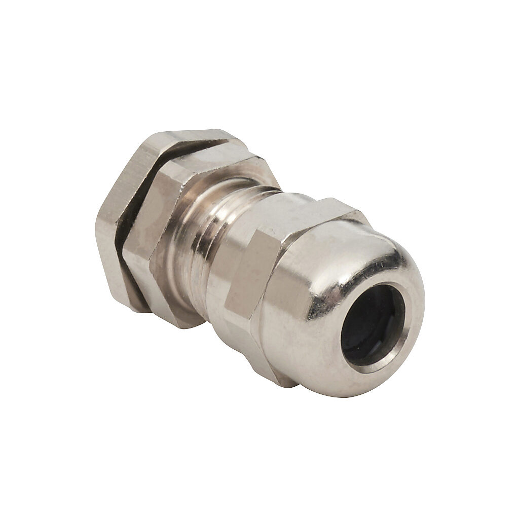 BMBCX-ES - Bimed cable gland, M12 x 1.5mm thread type, nickel-plated brass, accepts 3 to 6.5mm diameter cable, IP68. Package of 5. Mounting hardware included.