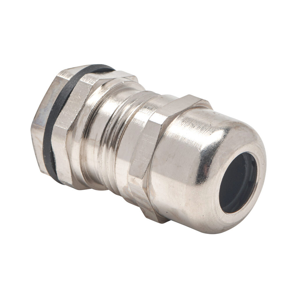 BMEM-E1-M16T-WCL - Bimed EMC cable gland, M16 x 1.5mm thread type, nickel-plated brass, accepts 5 to 10mm diameter cable, IP68. Package of 5. Mounting hardware included.