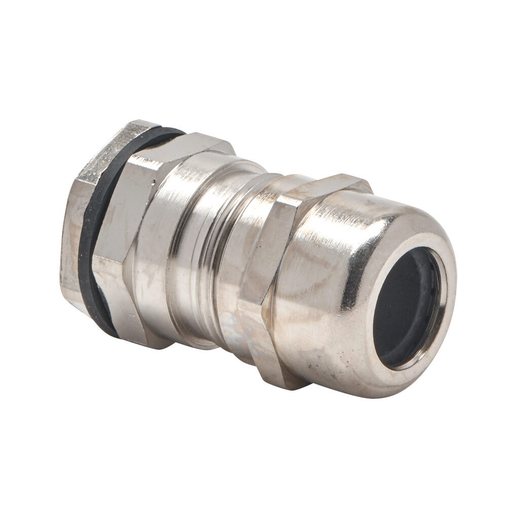 BMEM-E2-M20T-WCL - Bimed EMC cable gland, M20 x 1.5mm thread type, nickel-plated brass, accepts 7.5 to 14mm diameter cable, IP68. Package of 5. Mounting hardware included.