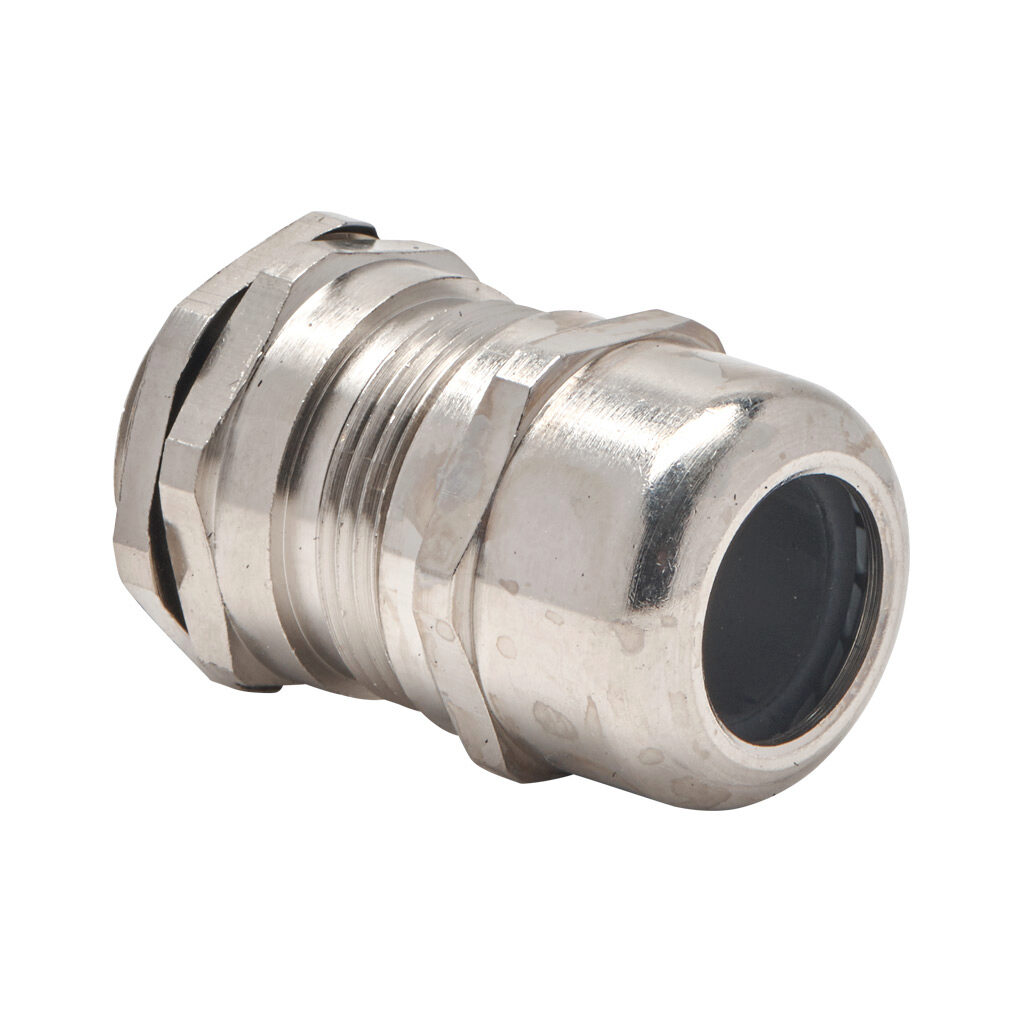 BMEM-E3-M25T-WCL - Bimed EMC cable gland, M25 x 1.5mm thread type, nickel-plated brass, accepts 10 to 18mm diameter cable, IP68. Package of 5. Mounting hardware included.