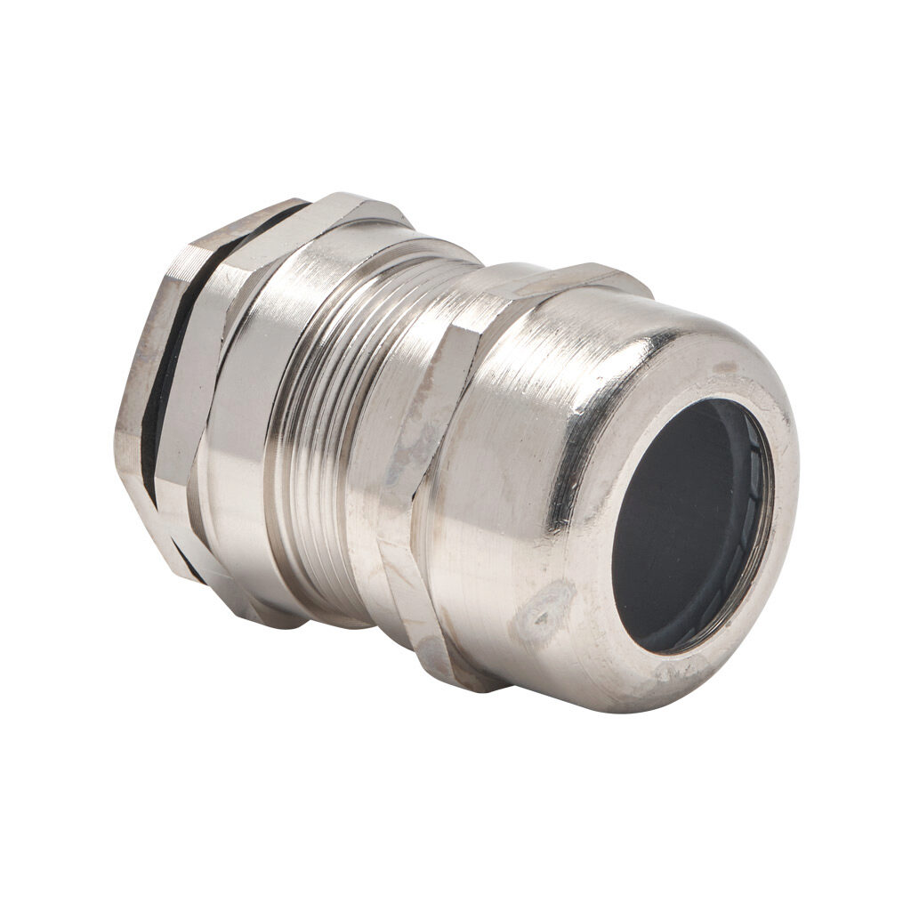 BMEM-E4-M32T-WCL - Bimed EMC cable gland, M32 x 1.5mm thread type, nickel-plated brass, accepts 16 to 25mm diameter cable, IP68. Package of 5. Mounting hardware included.