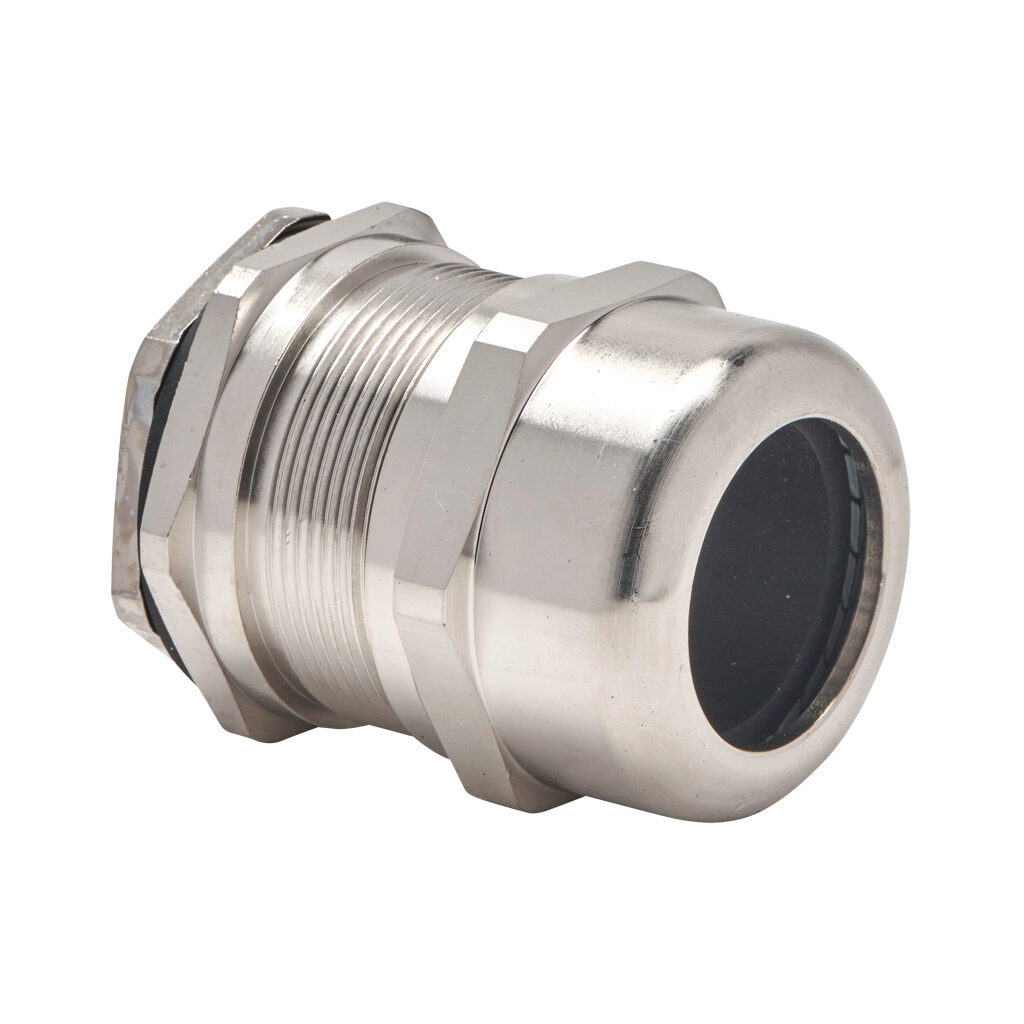 BMEM-E5-M40T-WCL - Bimed EMC cable gland, M40 x 1.5mm thread type, nickel-plated brass, accepts 22 to 32mm diameter cable, IP68. Package of 2. Mounting hardware included.