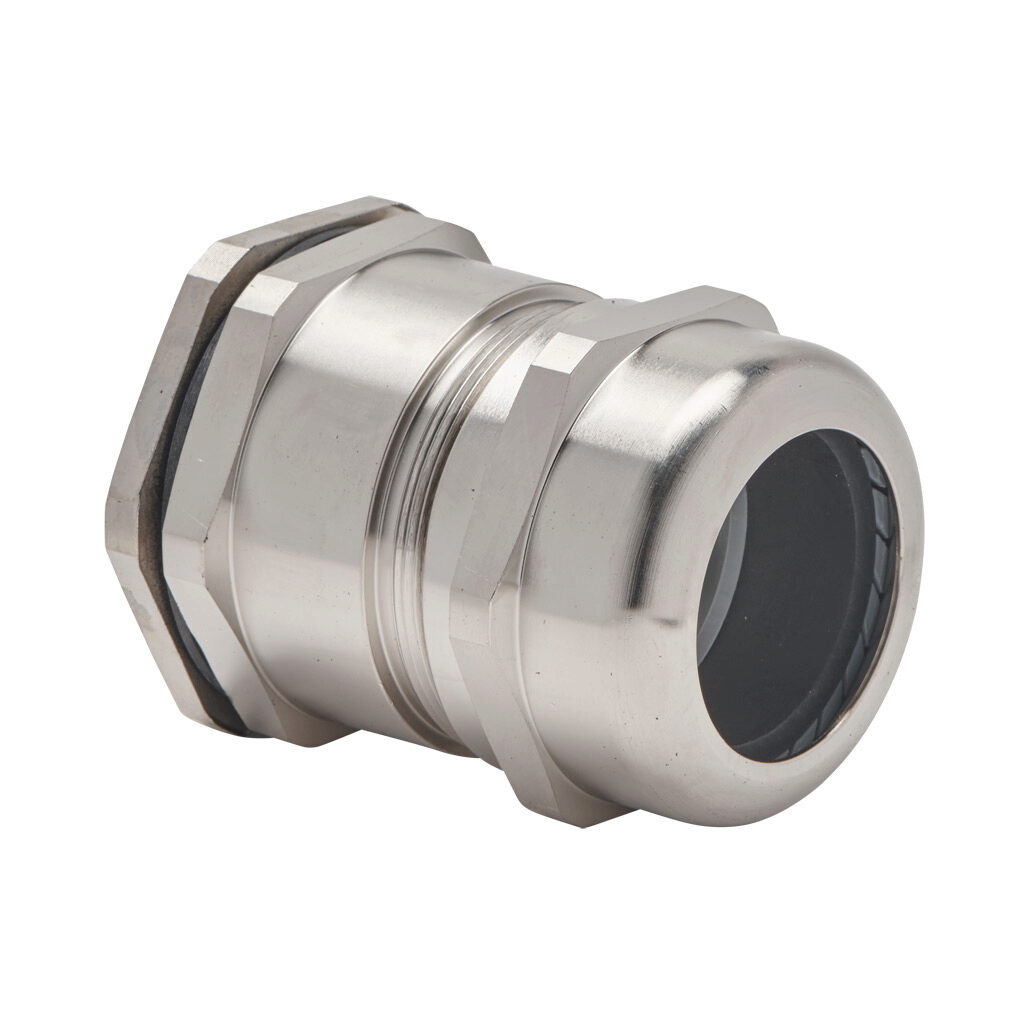 BMEM-E6-M50T-WCL - Bimed EMC cable gland, M50 x 1.5mm thread type, nickel-plated brass, accepts 30 to 38mm diameter cable, IP68. Package of 2. Mounting hardware included.