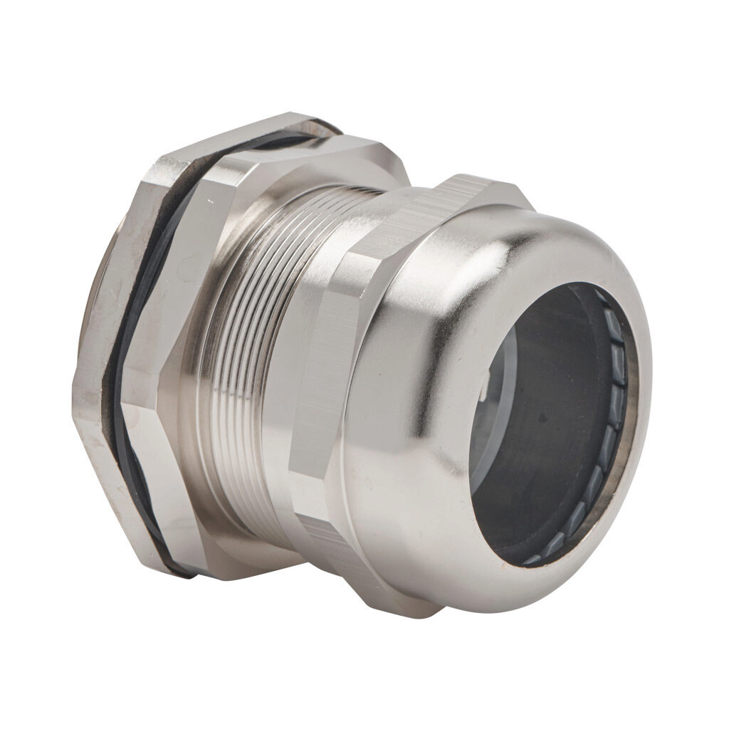BMEM-E7-M63T-WCL - Bimed EMC cable gland, M63 x 1.5mm thread type, nickel-plated brass, accepts 34 to 44mm diameter cable, IP68. Package of 2. Mounting hardware included.