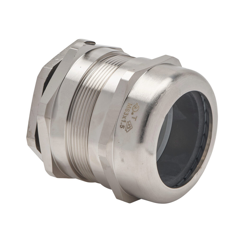 BMEM-E7L-M63T-WCL - Bimed EMC cable gland, M63 x 1.5mm thread type, nickel-plated brass, accepts 37 to 53mm diameter cable, IP68. Package of 2. Mounting hardware included.