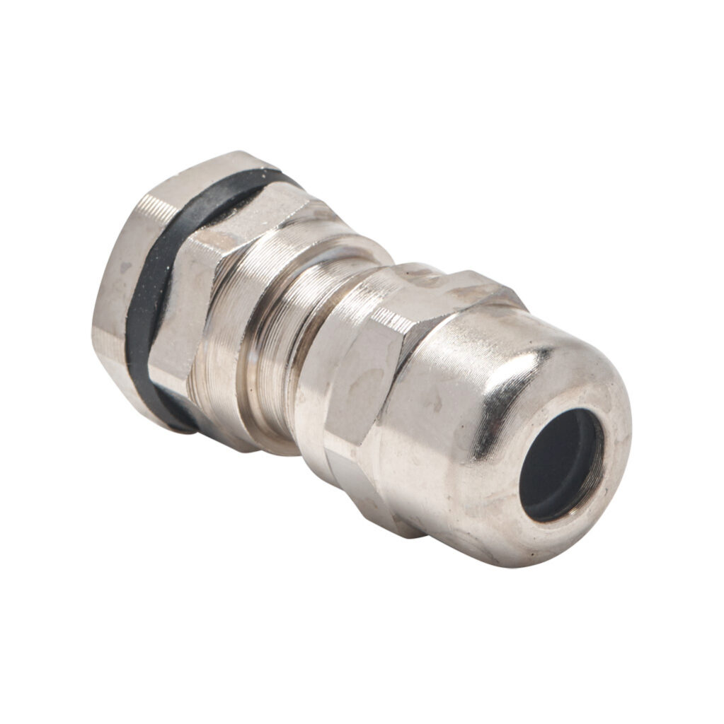 BMEM-ES-M12T-WCL - Bimed EMC cable gland, M12 x 1.5mm thread type, nickel-plated brass, accepts 3 to 6.5mm diameter cable, IP68. Package of 5. Mounting hardware included.