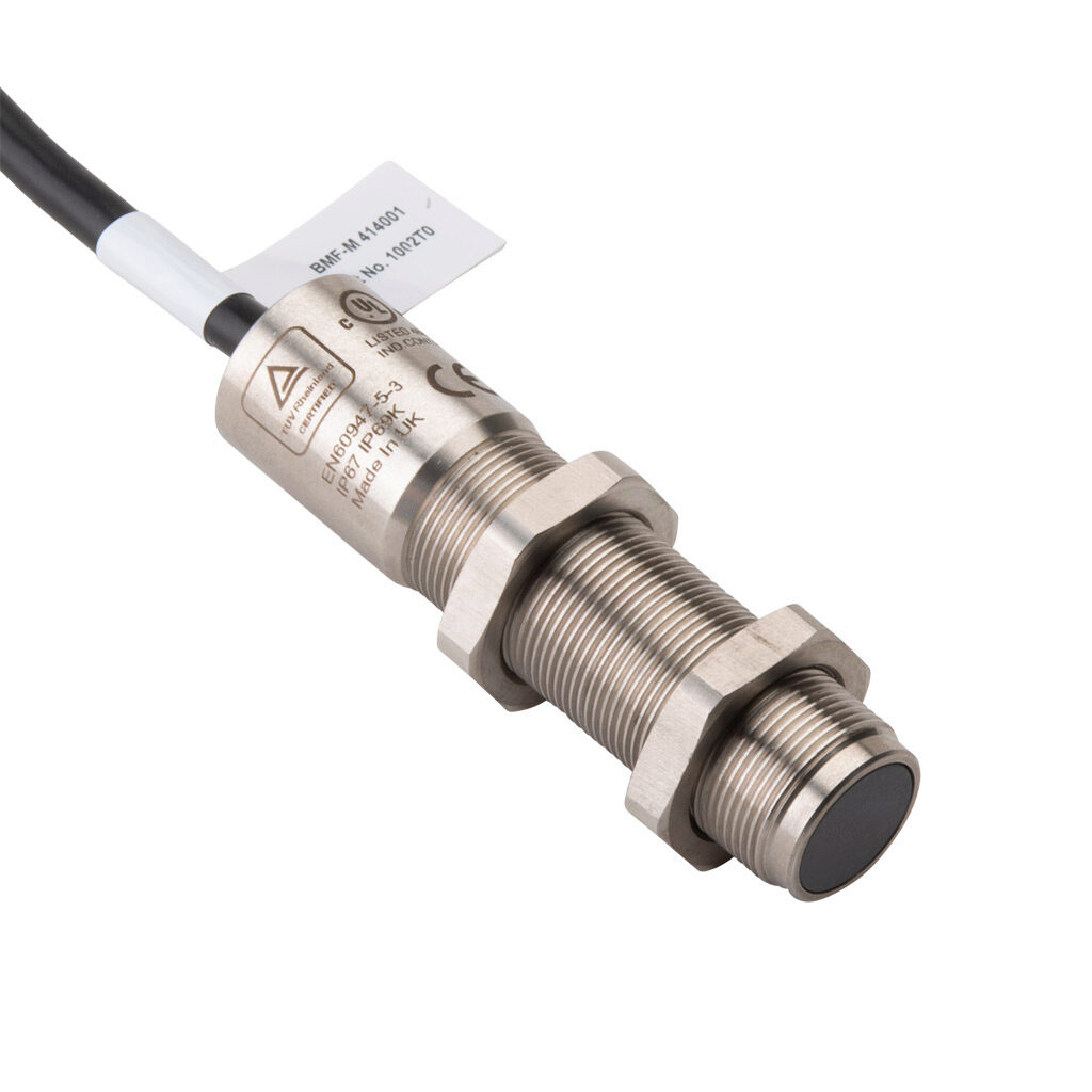 BMF-M-414001 - IDEM safety switch set, non-contact master coded RFID, (2) N.C. safety output(s), (1) N.O. monitoring output(s), 316 stainless steel housing, 18mm diameter x 75mm body, pigtail, 16.4ft/5m cable length.