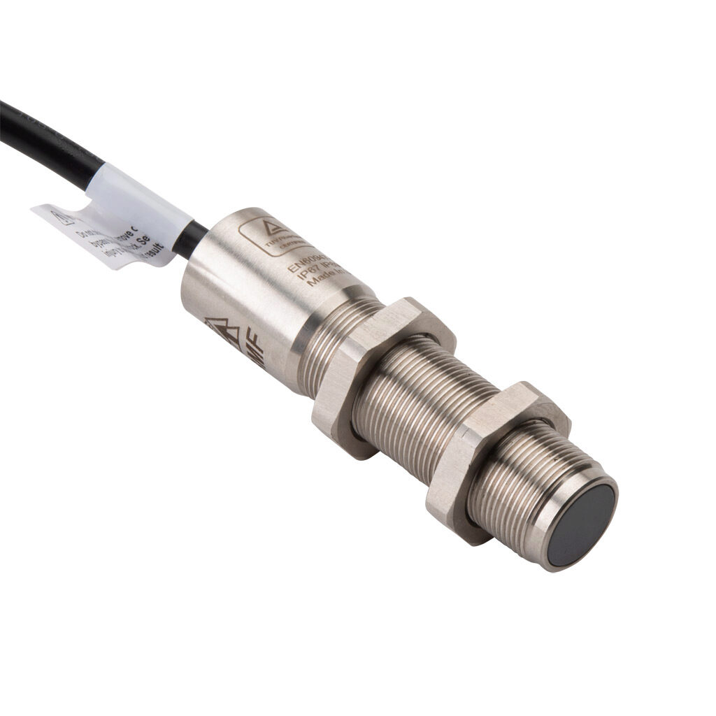 BMF-M-414002 - IDEM safety switch set, non-contact master coded RFID, (2) N.C. safety output(s), (1) N.O. monitoring output(s), 316 stainless steel housing, 18mm diameter x 75mm body, pigtail, 32.8ft/10m cable length.