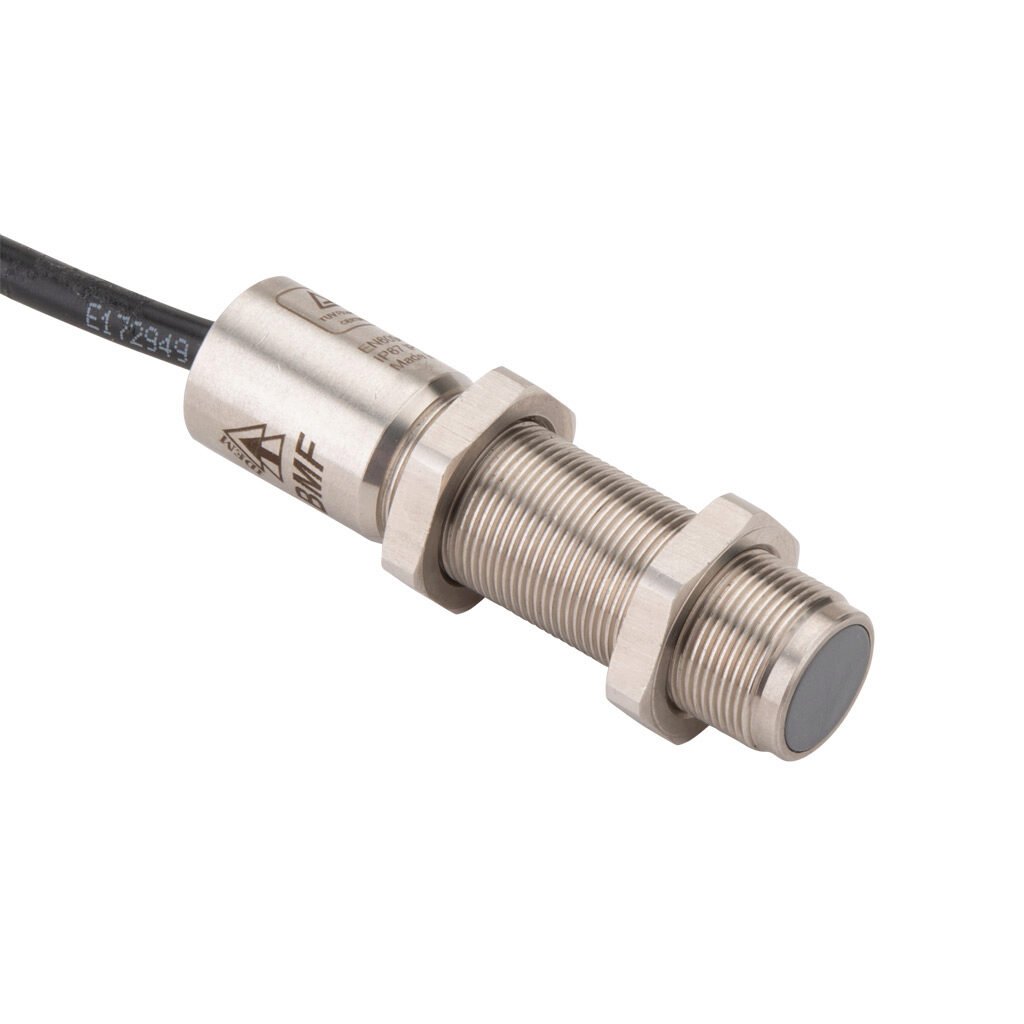 BMF-U-414103 - IDEM safety switch set, non-contact uniquely coded RFID, (2) N.C. safety output(s), (1) N.O. monitoring output(s), 316 stainless steel housing, 18mm diameter x 75mm body, 8-pin M12 quick-disconnect, 9.8in/250mm cable length.