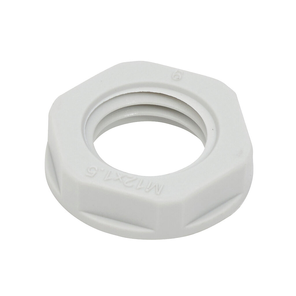 BML-1S - Bimed hex nut, M12 x 1.5mm thread type, polyamide, light gray. Package of 5.