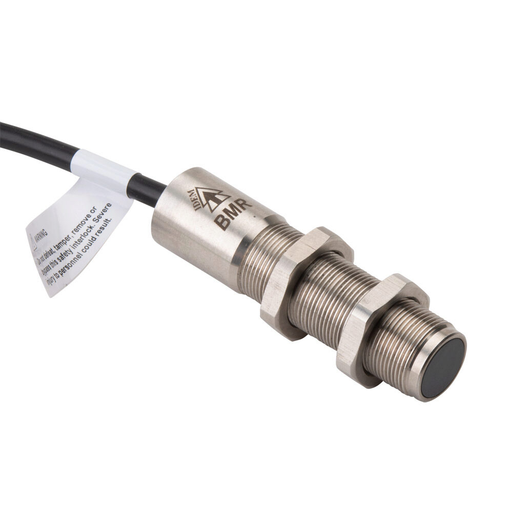 BMR-416016 - IDEM safety switch set, non-contact magnetic, (2) N.C. safety output(s), (1) N.O. monitoring output(s), 316 stainless steel housing, 18mm diameter x 75mm body, 8-pin M12 quick-disconnect, 9.8in/250mm cable length.
