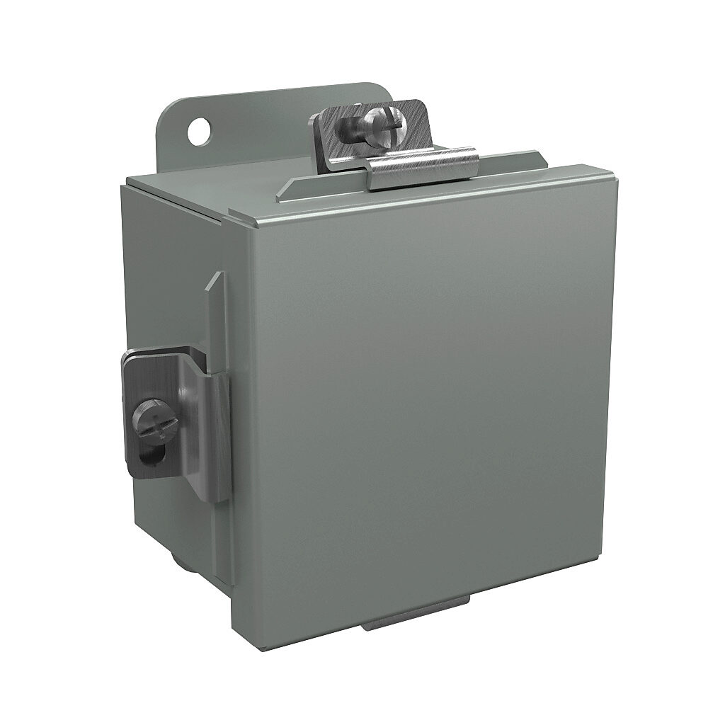 BN4040403 - Wiegmann enclosure, NEMA 4/12/13, 4 x 4 x 3in (HxWxD), wall mount, carbon steel, ANSI 61 gray, powder coat finish, lift-off cover, stainless steel clamps.