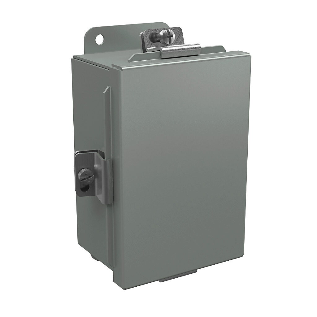 BN4060403 - Wiegmann enclosure, NEMA 4/12/13, 6 x 4 x 3in (HxWxD), wall mount, carbon steel, ANSI 61 gray, powder coat finish, lift-off cover, stainless steel clamps.