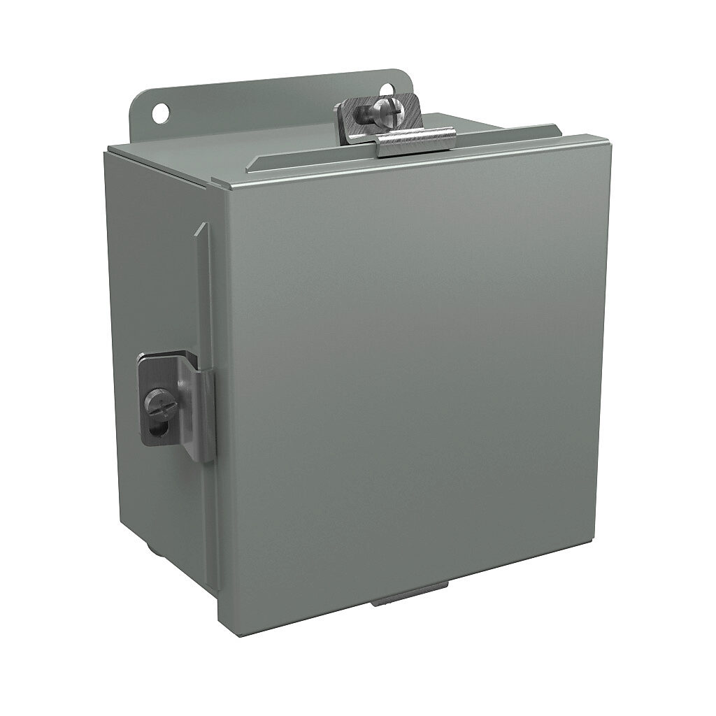 BN4060604 - Wiegmann enclosure, NEMA 4/12/13, 6 x 6 x 4in (HxWxD), wall mount, carbon steel, ANSI 61 gray, powder coat finish, lift-off cover, stainless steel clamps.