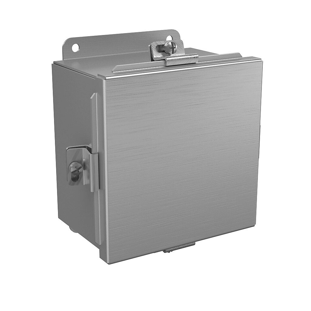 BN4060604AL - Wiegmann enclosure, NEMA 4/4X/12/13, 6 x 6 x 4in (HxWxD), wall mount, 5052-H32 aluminum, No. 3 intermediate polished finish, lift-off cover, stainless steel clamps.