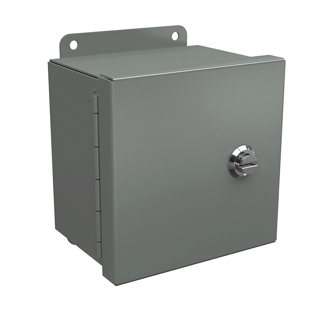 BN4060604CHQT - Wiegmann Ultimate Mini-Max series enclosure, NEMA 4/12, 6 x 6 x 4in (HxWxD), wall mount, carbon steel, ANSI 61 gray, powder coat finish, single-door, 1/4-turn semi-flush oil-tight latch.