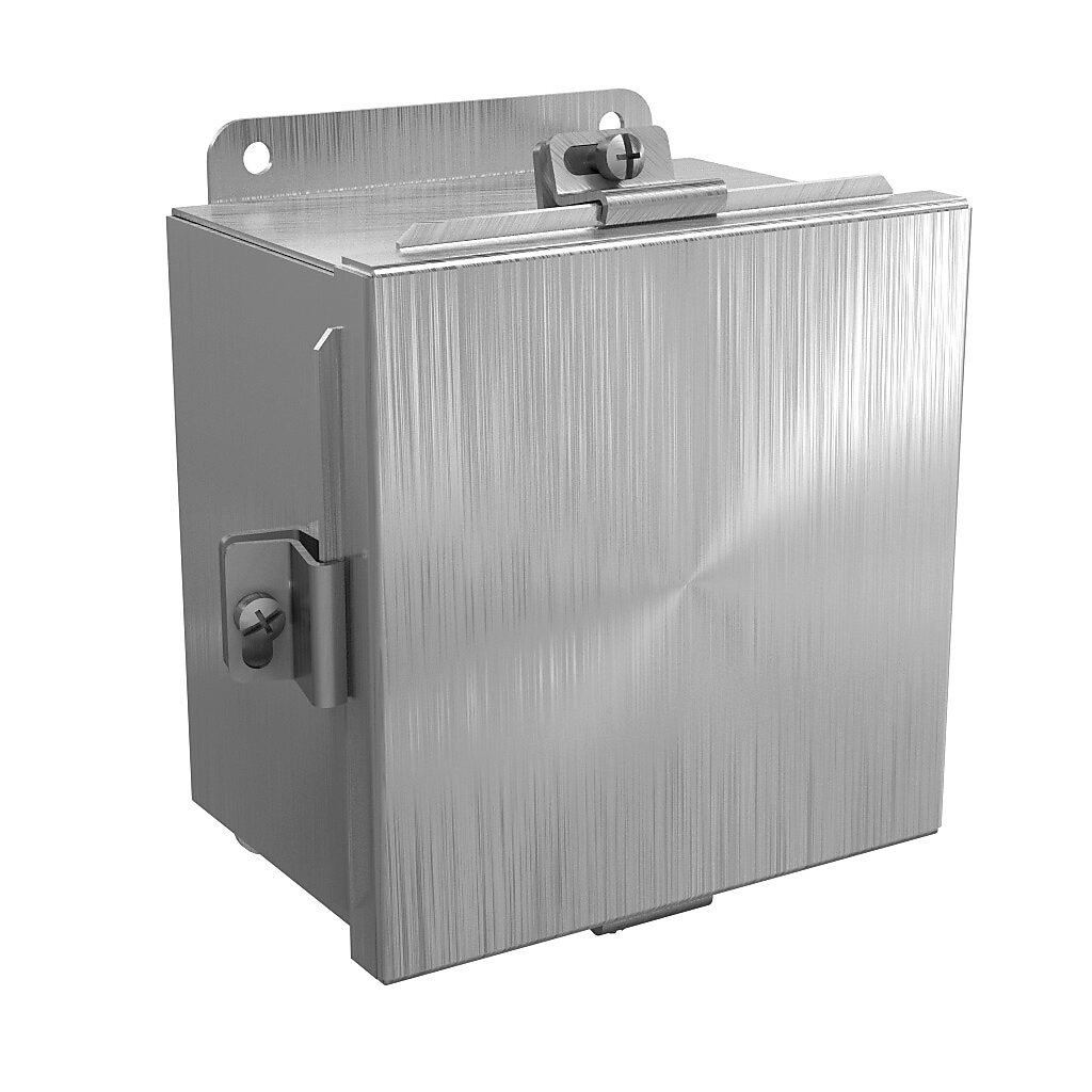BN4060604SS - Wiegmann enclosure, NEMA 4/4X/12/13, 6 x 6 x 4in (HxWxD), wall mount, 304 stainless steel, No. 3 intermediate polished finish, lift-off cover, stainless steel clamps.