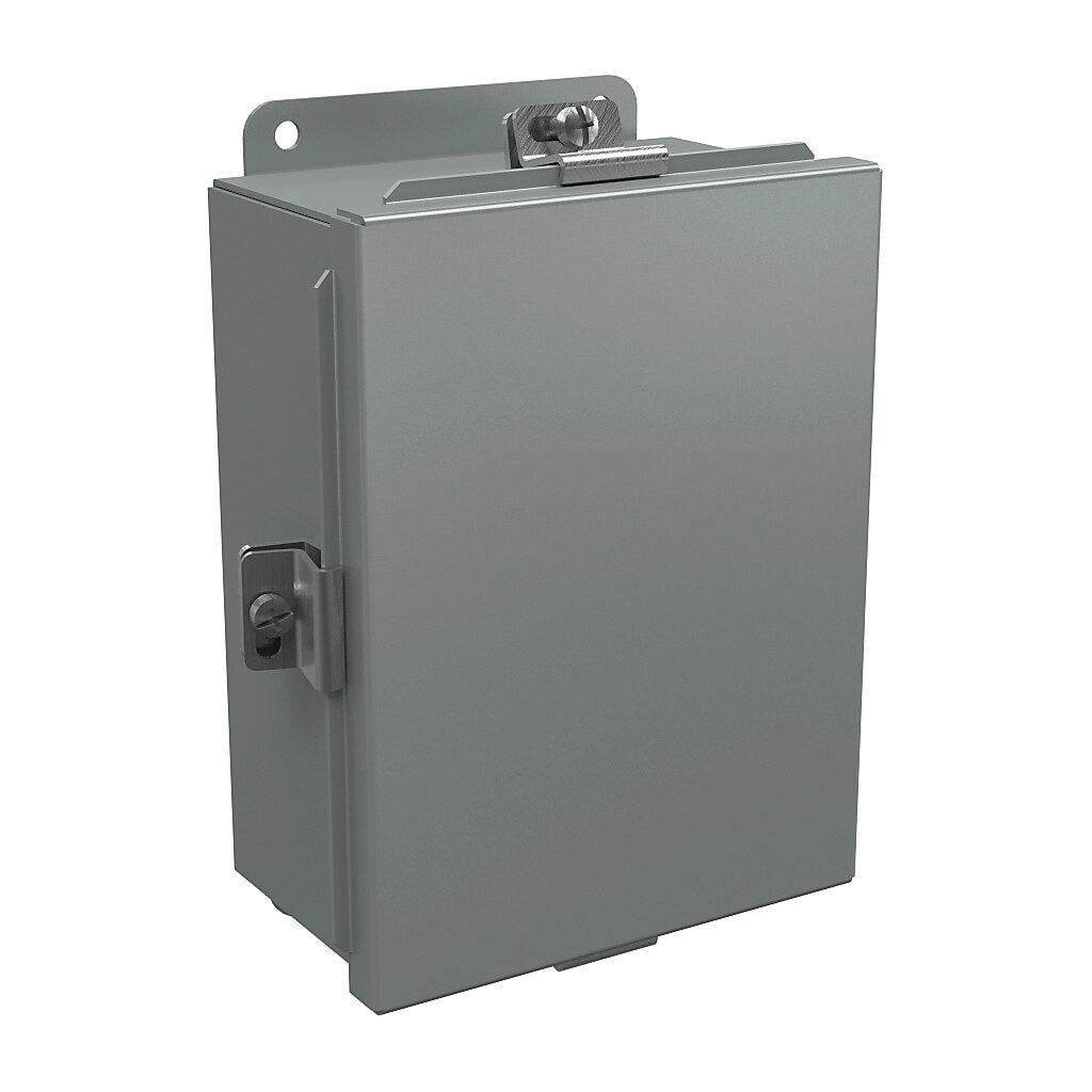 BN4080603 - Wiegmann enclosure, NEMA 4/12/13, 8 x 6 x 3in (HxWxD), wall mount, carbon steel, ANSI 61 gray, powder coat finish, lift-off cover, stainless steel clamps.
