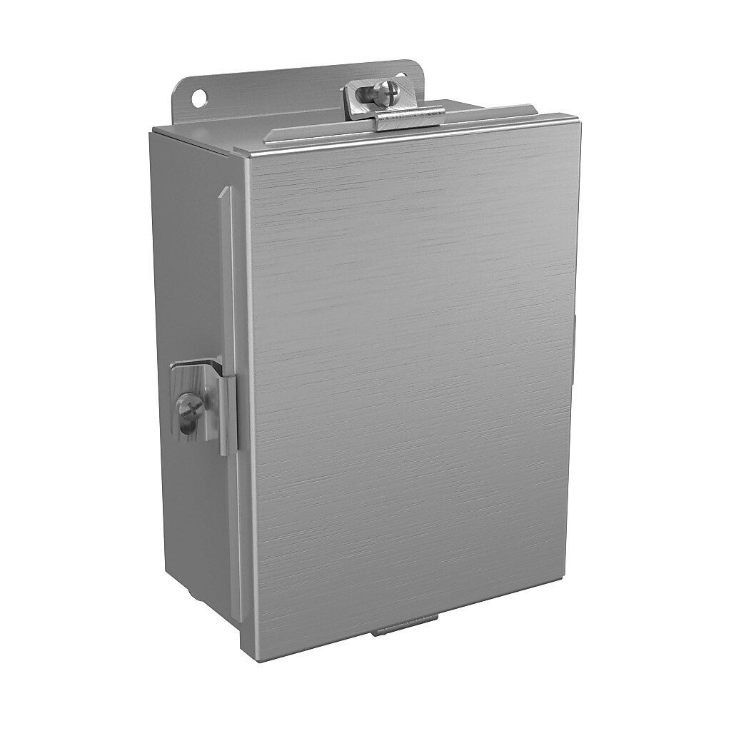 BN4080603AL - Wiegmann enclosure, NEMA 4/4X/12/13, 8 x 6 x 3in (HxWxD), wall mount, 5052-H32 aluminum, No. 3 intermediate polished finish, lift-off cover, stainless steel clamps.