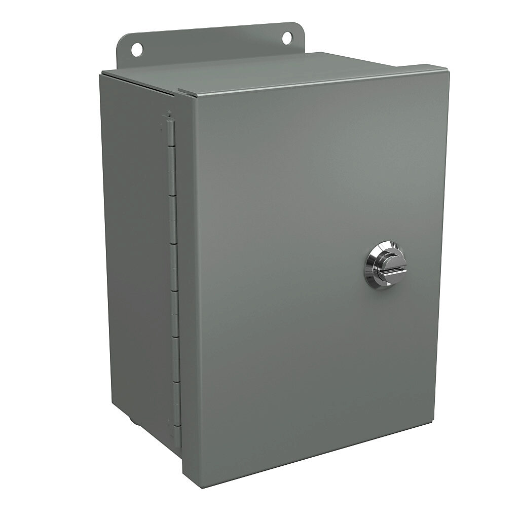 BN4080604CHQT - Wiegmann Ultimate Mini-Max series enclosure, NEMA 4/12, 8 x 6 x 4in (HxWxD), wall mount, carbon steel, ANSI 61 gray, powder coat finish, single-door, 1/4-turn semi-flush oil-tight latch.