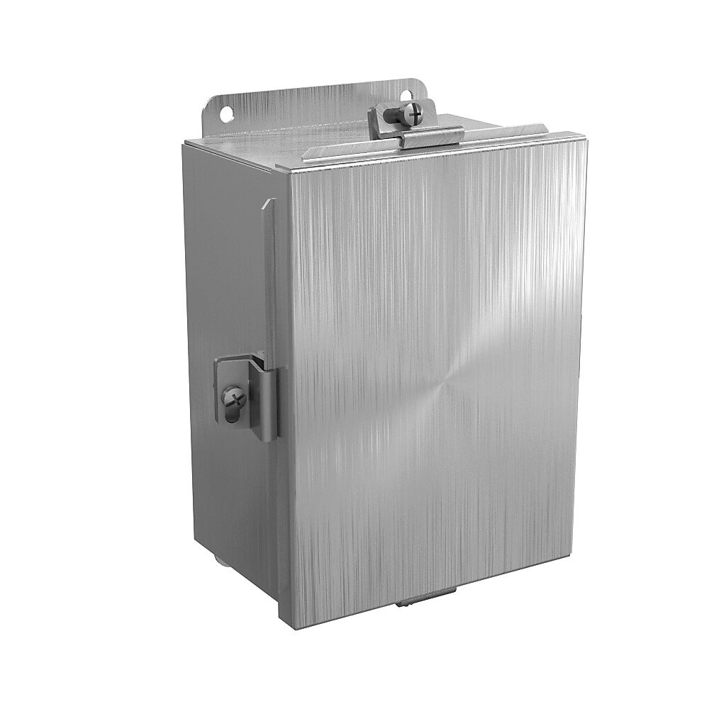 BN4080604SS - Wiegmann enclosure, NEMA 4/4X/12/13, 8 x 6 x 4in (HxWxD), wall mount, 304 stainless steel, No. 3 intermediate polished finish, lift-off cover, stainless steel clamps.